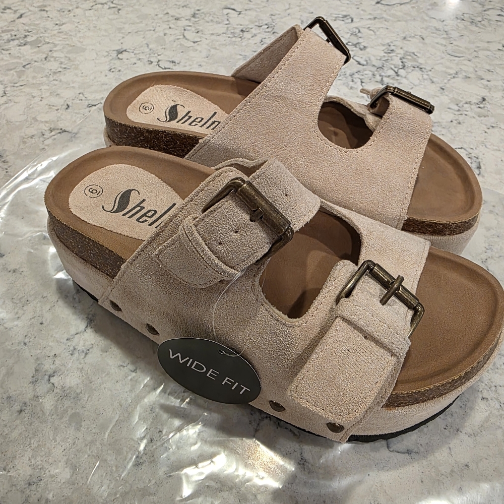 Sheln Women's Wide Fit Open Toe Double Buckle Cork Footbed Slide Sandals 6 WIDE - Picture 4 of 9